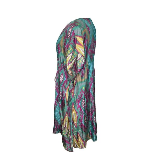 Figue Dress L Womens Multicolor Ikat Silk V Neck Short Sleeve Kaftan Tie Beach - Picture 4 of 12
